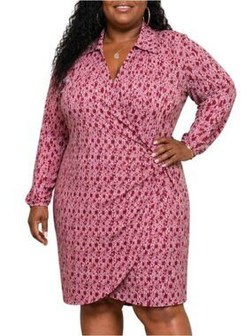 Avenue Plus Size 26/28 Dress Faux Wrap Style Chain Print Long Sleeve Collar